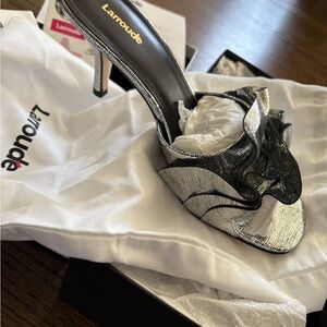 Larroude Colette Ruffle Mule Leather Sandals, silver cracked metallic 9.5